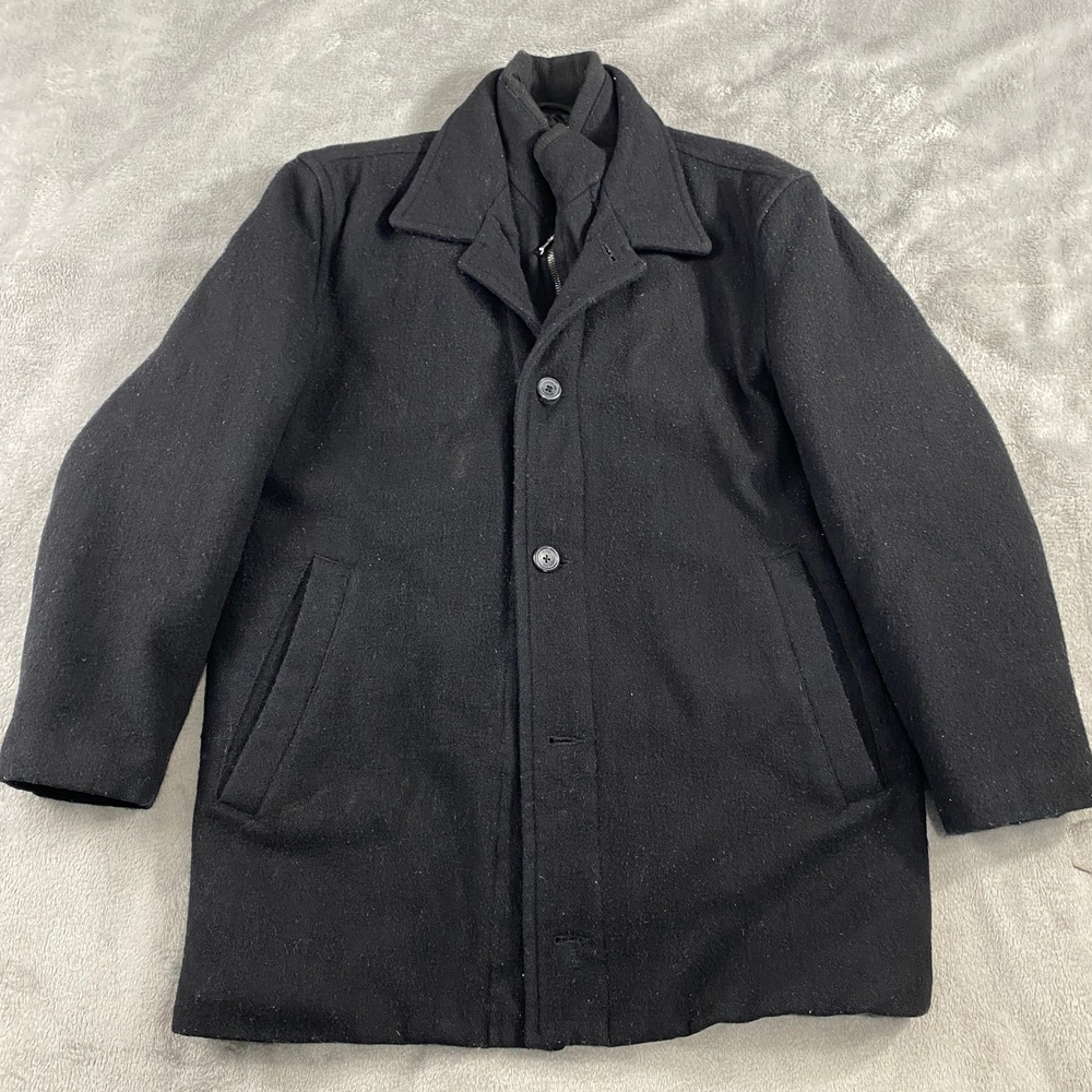 London Fog Coat Men's M Black Wool Blend Collar Full‎ Zip Button Overcoat Office